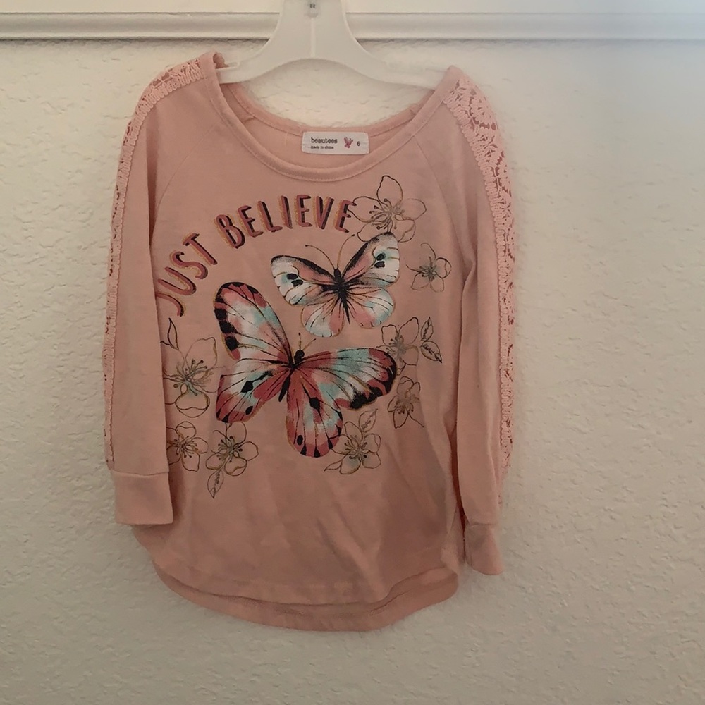Light pink girls “just believe” butterfly long sleeve